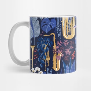 Music to my eyes - oxford navy blue background gold textured musical instruments blue indoor plants coral music notes Mug